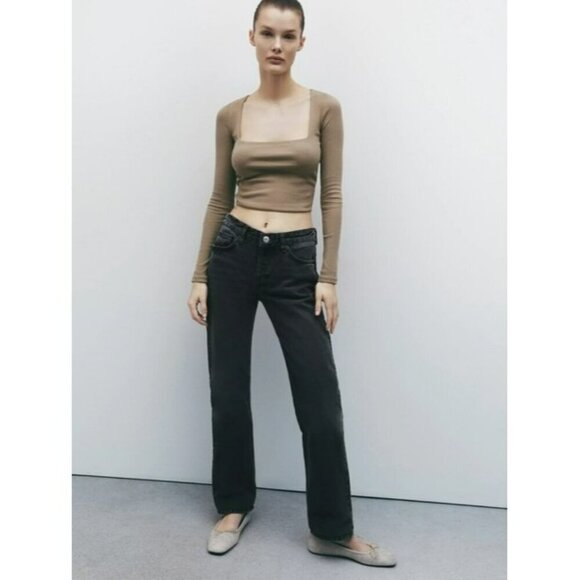 2/$30 Zara Tan Caramel Square Neckline Ribbed‎ Crop Top Long Sleeves Size Large - Picture 9 of 14